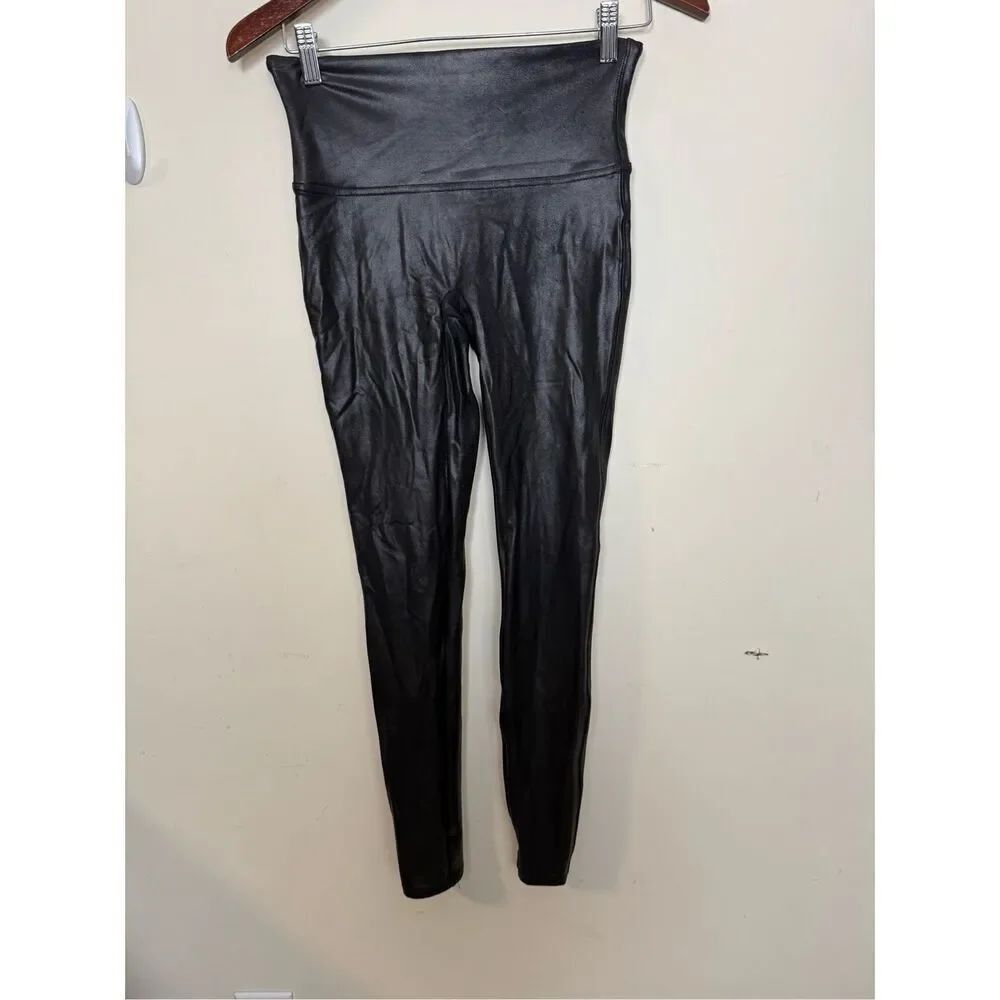 Spanx Leggings Size Medium Shine Faux Slick Leather Stretch Power Waistband 2437